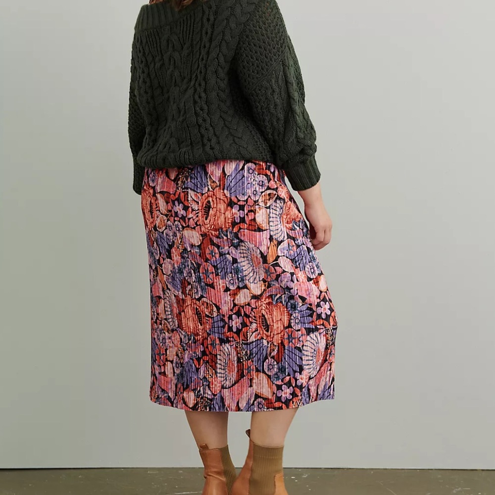 Anthropologie Maeve Tilda Pleated Velvet Floral Midi Skirt Pink Coral - 2X